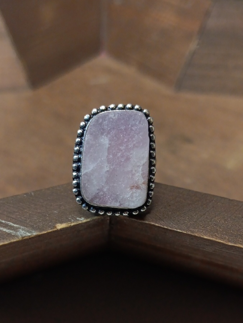 Handcrafted Pink Stone Silver Bead Ring - Women Jewelry